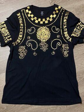 INC Men’s Black Gold Foil Paisley Old English Checkerboard Graphic Shirt